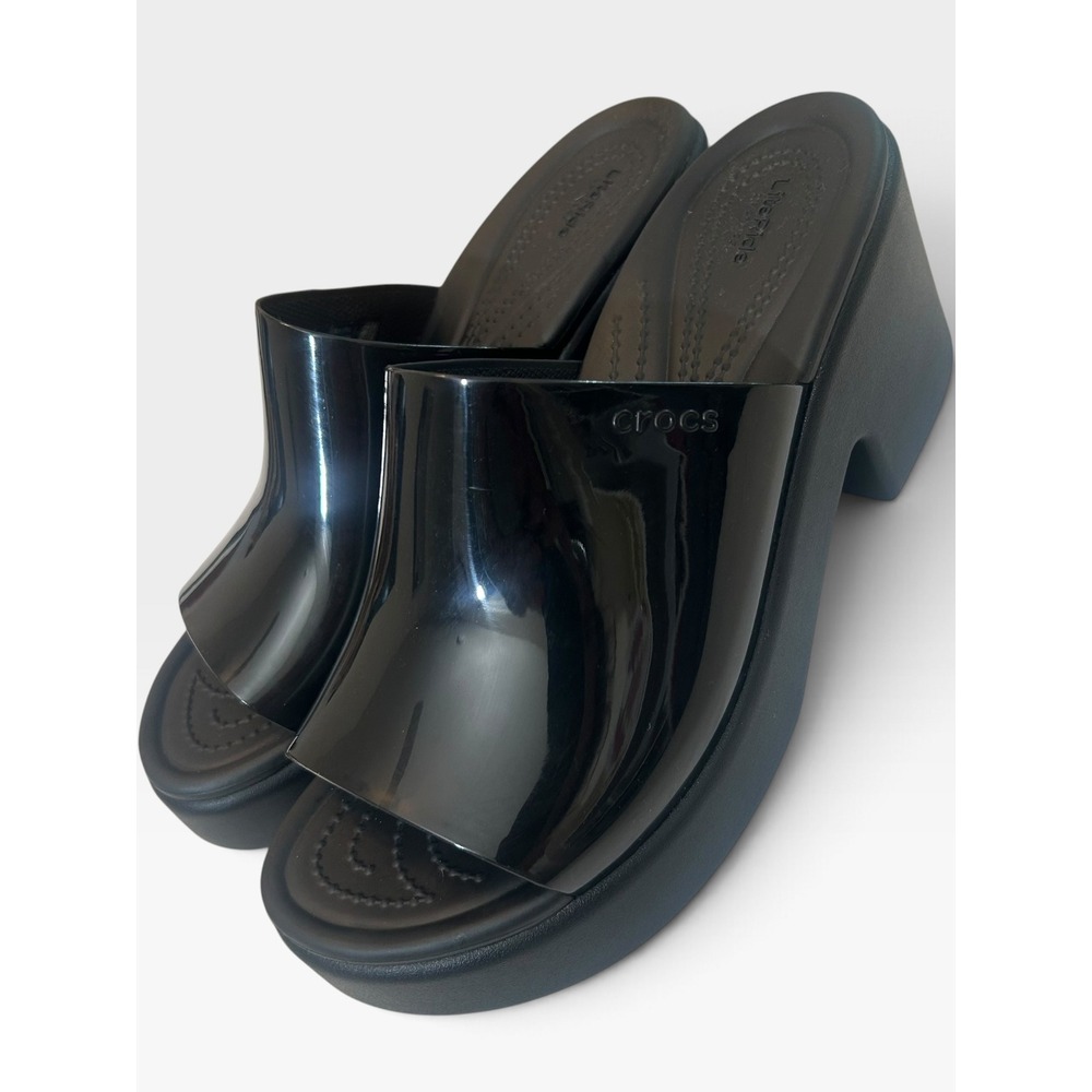 Crocs Brooklyn High Shine Mule Black Platform Wedge Slide Sandals LiteRide
